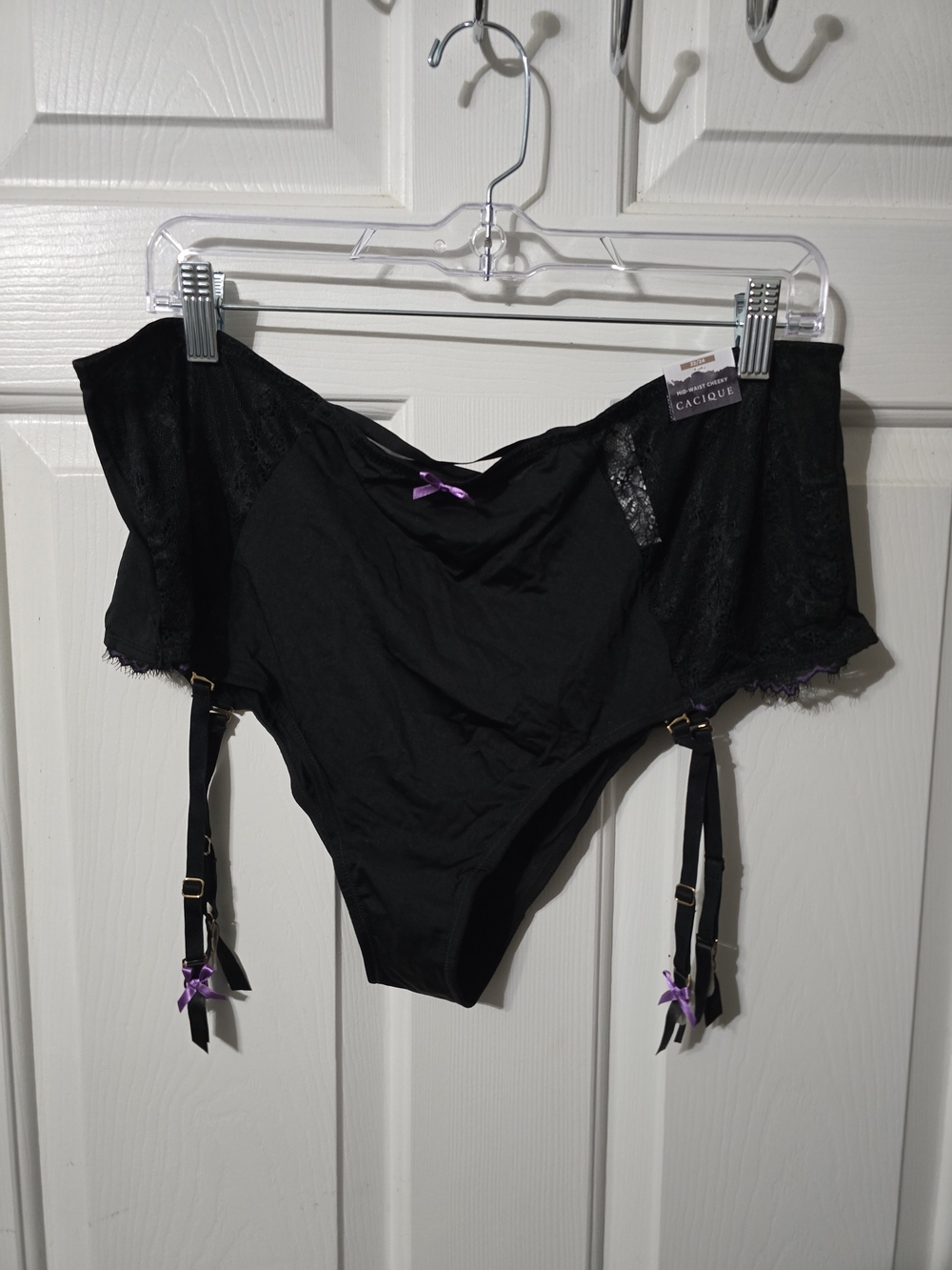 Cacique Black High-Waist Lace Garter Briefs with Purple Bows